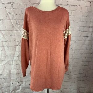 NWT boutique Lovely J crochet Lace Accent bubble Sleeve tunic Top boho chic